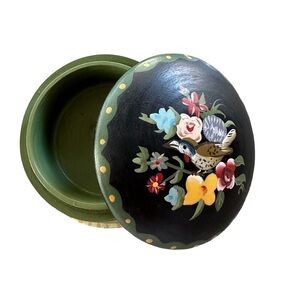 Hand painted small domed bohemian wood trinket box with a bird and flowers